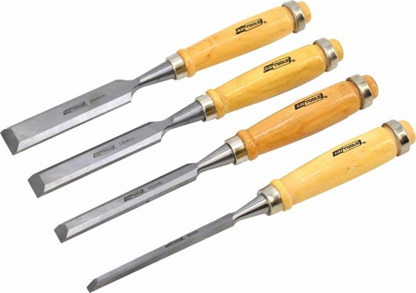 AWTools Σετ Σκαλιστήρια Ξυλουργικής με Ξύλινες Λαβές 4 Τεμάχια 6/12/18/24mm από Ατσάλι CrV