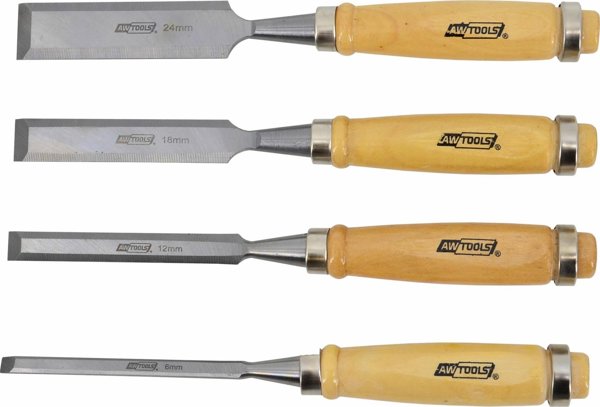 AWTools Σετ Σκαλιστήρια Ξυλουργικής με Ξύλινες Λαβές 4 Τεμάχια 6/12/18/24mm από Ατσάλι CrV