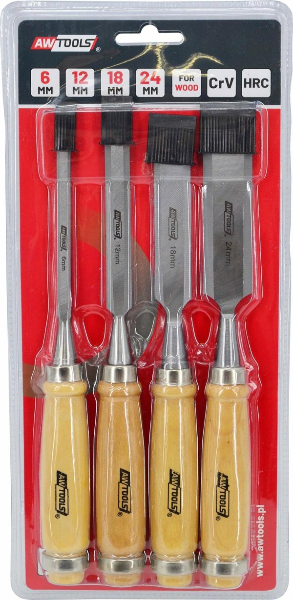 AWTools Σετ Σκαλιστήρια Ξυλουργικής με Ξύλινες Λαβές 4 Τεμάχια 6/12/18/24mm από Ατσάλι CrV