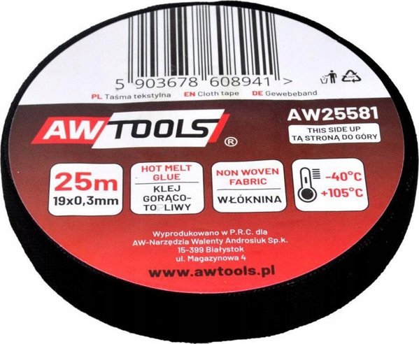 AWTools Υφασμάτινη Μονωτική Ταινία, Πολυεστερική, Ανθεκτική στη Θερμότητα, 19mm x 25m