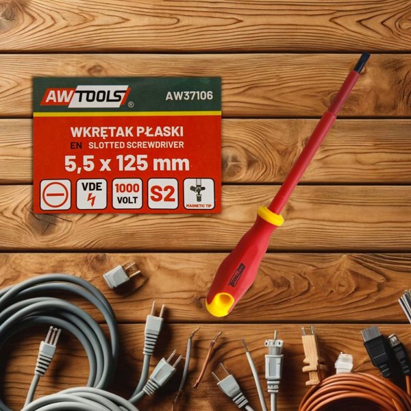 AWTools Κατσαβίδι Επίπεδο VDE 5.5x125mm, Ατσάλι CrV S2, Αντιολισθητική Λαβή TPR