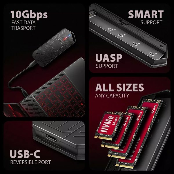 Axagon EEM2-GAM Θήκη για NVMe & SATA M.2 SSD, USB-C 10Gbps, Tool-free, Μαύρο