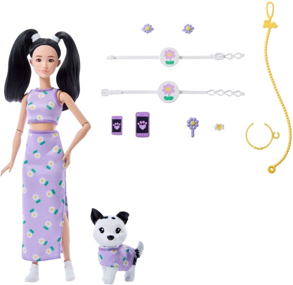 Barbie Jednakowa stylizacja Lalka i piesek - Kwiatki (JFP39)