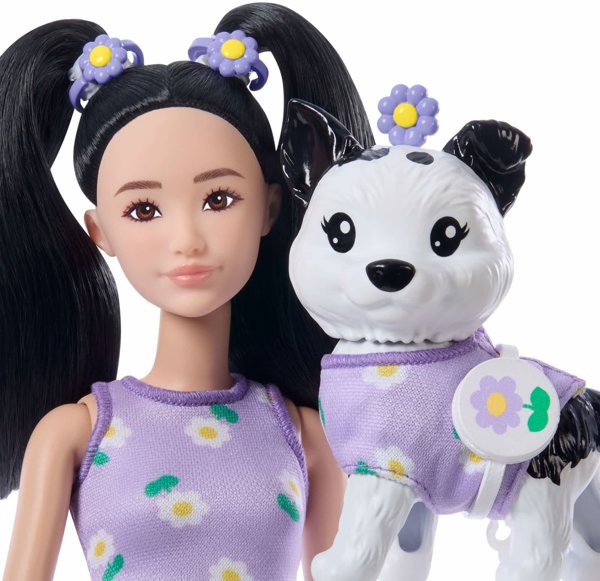 Barbie Jednakowa stylizacja Lalka i piesek - Kwiatki (JFP39)