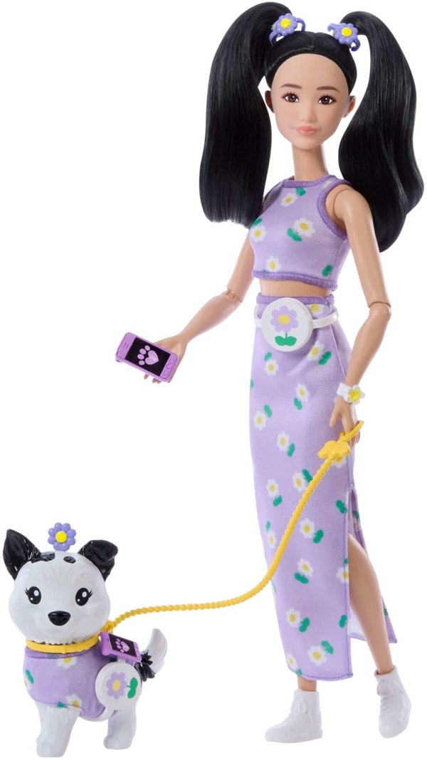 Barbie Jednakowa stylizacja Lalka i piesek - Kwiatki (JFP39)
