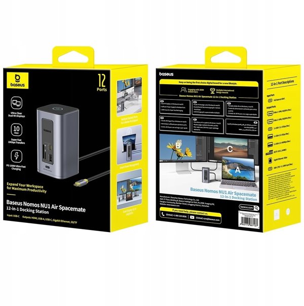 Baseus Air Spacemate 12w1 USB-C | 2xHDMI 4K@60Hz | 2xUSB-C 10Gb/s | 2xUSB-A 5Gb/s | 2xUSB-A (480Mb/s) |RJ45 | SD/microSD | 3.0 USB-C (PD) - szara