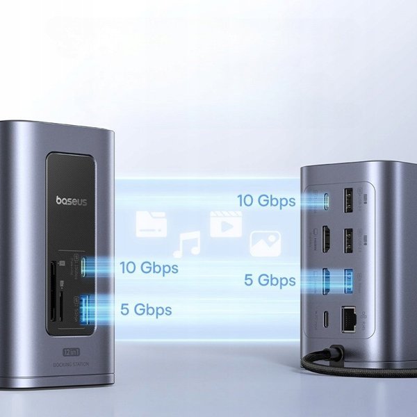 Baseus Air Spacemate 12w1 USB-C | 2xHDMI 4K@60Hz | 2xUSB-C 10Gb/s | 2xUSB-A 5Gb/s | 2xUSB-A (480Mb/s) |RJ45 | SD/microSD | 3.0 USB-C (PD) - szara