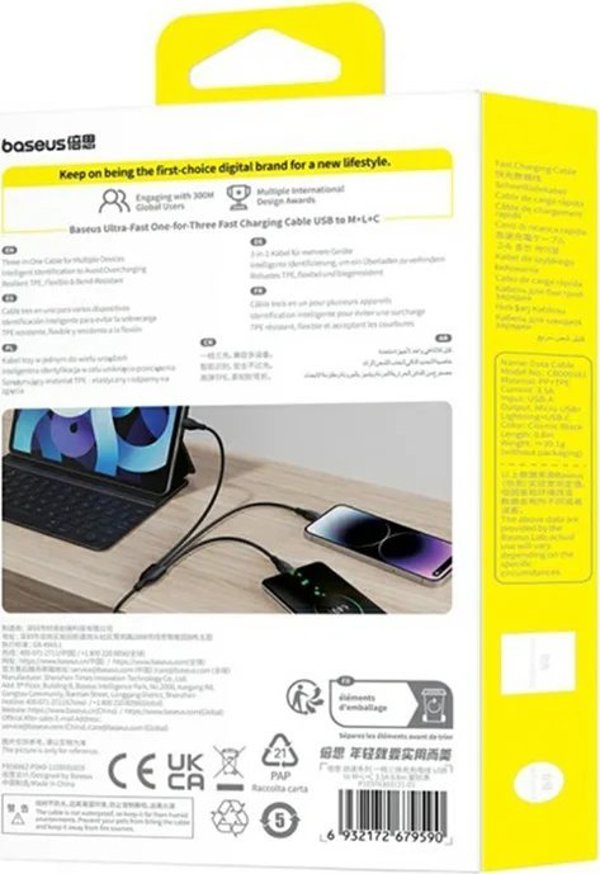 Baseus Ultra-Fast One-for-Three Fast Charging Cable USB-A to M+L+C 3.5A 0.8m Cosmic Black 6932172679590