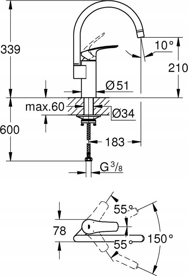 Bateria kuchenna Grohe Grohe jednouchwytowa bateria zlewozmywakowa DN 15 Eurosmart czarny mat 332022433