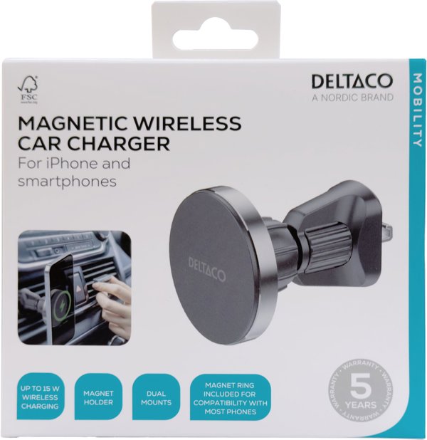 Belaidis automobilio įkroviklis DELTACO, magnetas, inka telefonams ir iPhone, suderinamas su Qi2 / QI-C1000 / 1903334