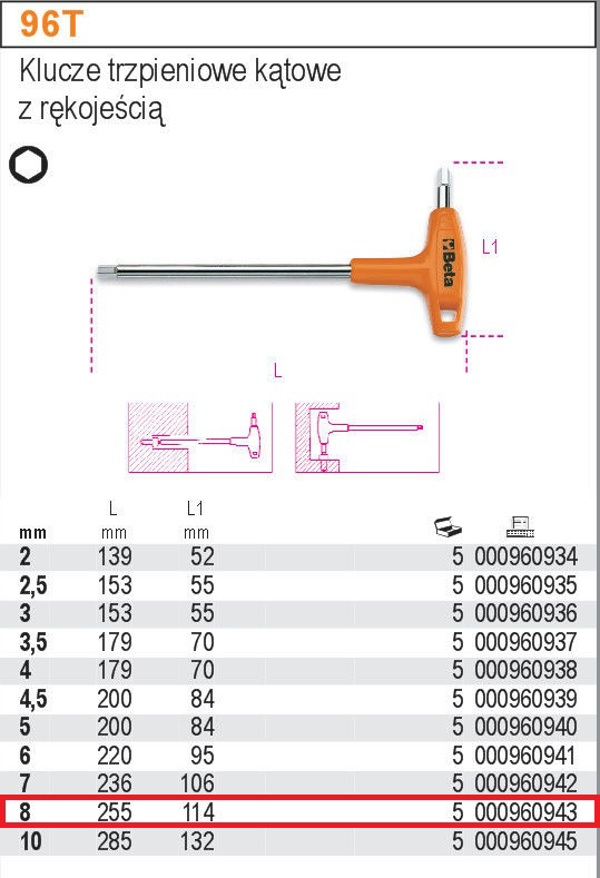 Beta Tools Klucz imbusowy hex typ T 8mm (000960943)