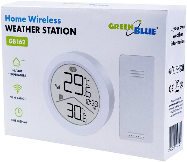 Ασύρματος Μετεωρολογικός Σταθμός GreenBlue, θερμοκρασία ΕΣΩ/ΕΞΩ, ρολόι, επιλογή °C / °F, εμβέλεια έως 60μ, GB162