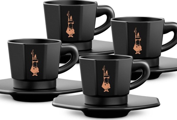 Bialetti Σετ 4 φλιτζανιών με δίσκο - Μαύρο με χαλκό λογότυπο