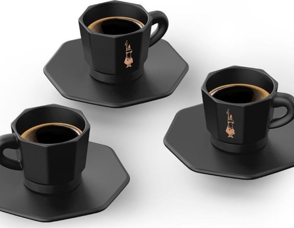 Bialetti Σετ 4 φλιτζανιών με δίσκο - Μαύρο με χαλκό λογότυπο