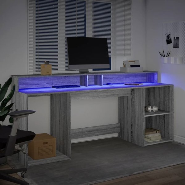 Biurko vidaXL Biurko z podswietleniem LED, szary dab sonoma, 200x55x91 cm