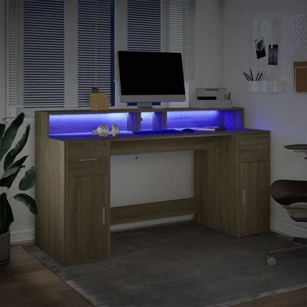vidaXL Γραφείο με φωτισμό LED, δρυς σονόμα, 160x55x91 εκ.
