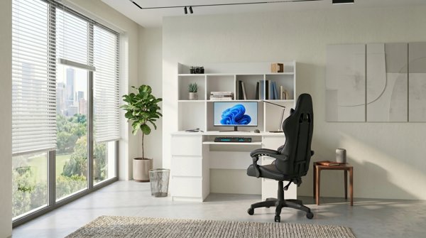 4HouseDesign Γραφειο KUBA με επιτοποθετηση Λευκο + Καρεκλα REMUS Μαυρο σετ 6 Συρταρια