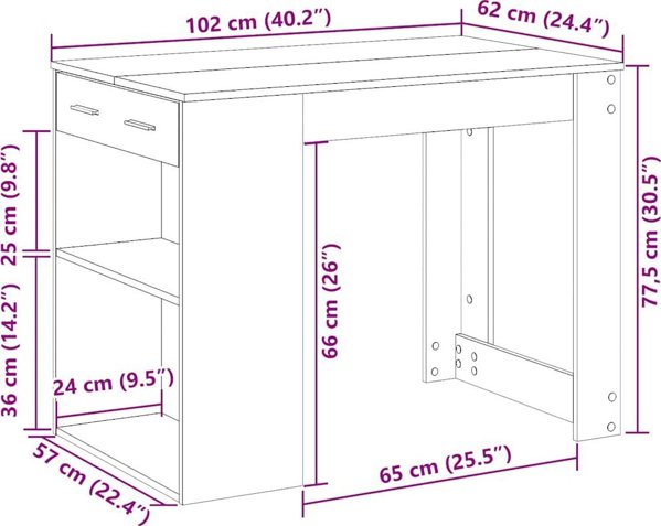 vidaXL Γραφείο με συρτάρι και ράφι, μαύρο, 102x62x77,5 εκ.