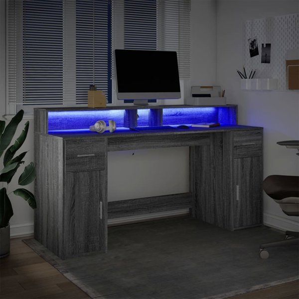 Biurko vidaXL Biurko z podswietleniem LED szary dab sonoma 160x55x91 cm
