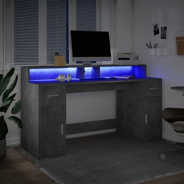 Επιτραπέζιο γραφείο vidaXL με φωτισμό LED, απόχρωση σκυροδέματος, 160x55x91 εκ.