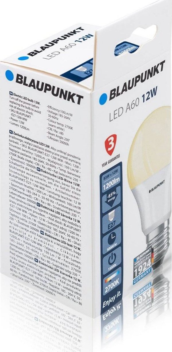 Blaupunkt Λάμπα LED E27 12W, Θερμό Φως 2700K, A60
