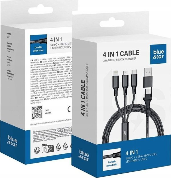 Blue Star Καλώδιο Φόρτισης 4 σε 1 Cafule C172, USB-A/Type-C σε Micro USB/Lightning/Type-C, 2.4A, 1.2m, Μαύρο