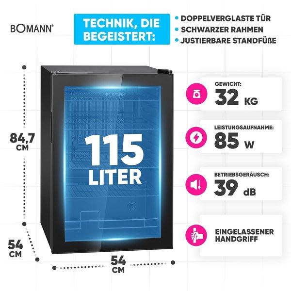 Bomann KSG 7290 black Glass Door Refrigerator 84,5cm