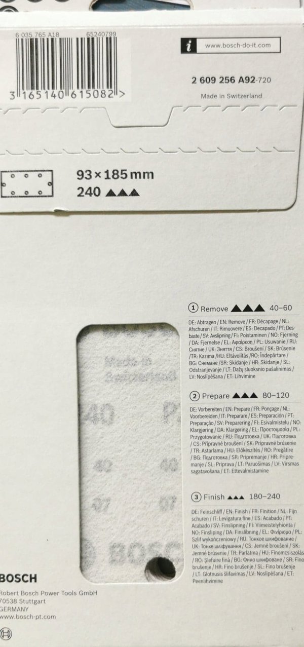 Bosch DIY Χαρτί Λειαντικό 93x185 mm, G240, 8 Οπές