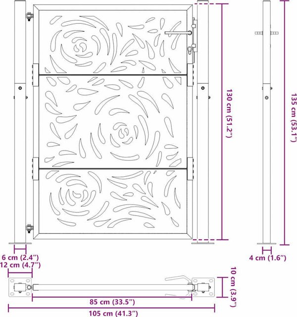 Πύλη κήπου μαύρη 105x130 cm ατσάλι με σχέδιο φλόγας