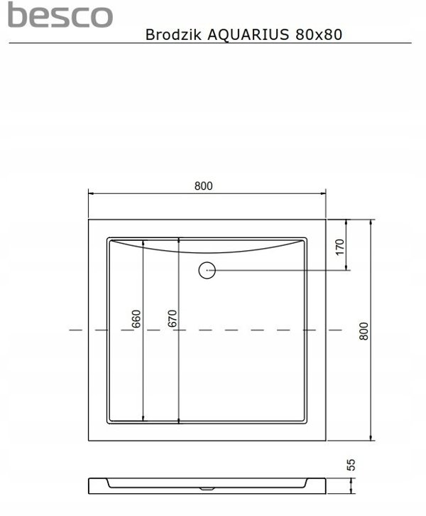 Brodzik Besco BRODZIK AQUARIUS 80X80X3/5,5 CZARNY