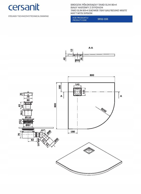 Cersanit Ντουζιέρα Tako Slim Ημικυκλική 80x80x4cm Μαύρο Ματ με Σιφώνι - S932-163