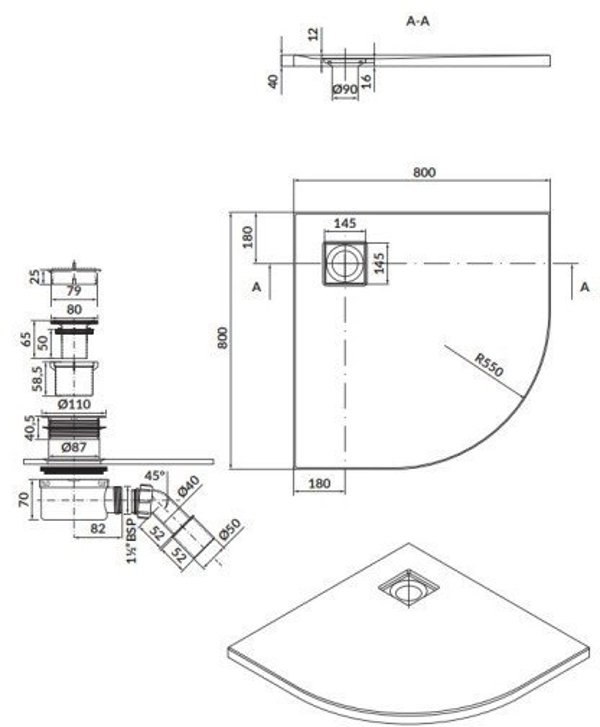 Cersanit Ντουζιέρα Tako Slim Ημικυκλική 80x80x4cm Μαύρο Ματ με Σιφώνι - S932-163