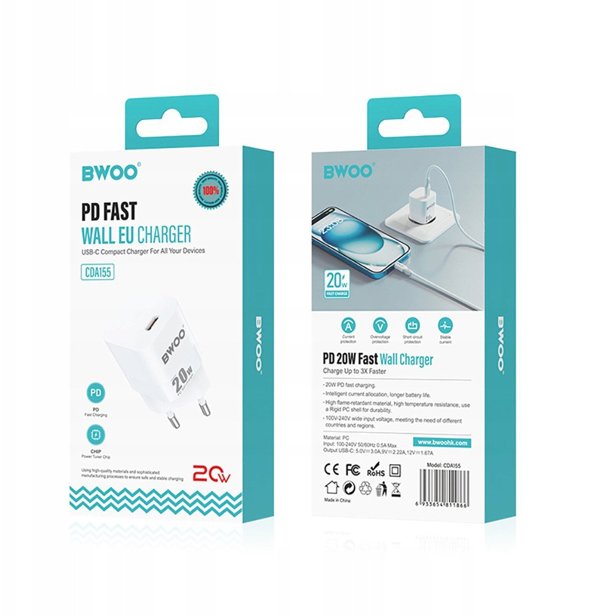 BWOO CDA155 PD wall charger 1x USB-C port 1A 20W white