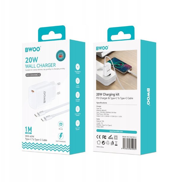 BWOO 20W wall charger CDA159 with cable USB-C to USB-C 6933654812931