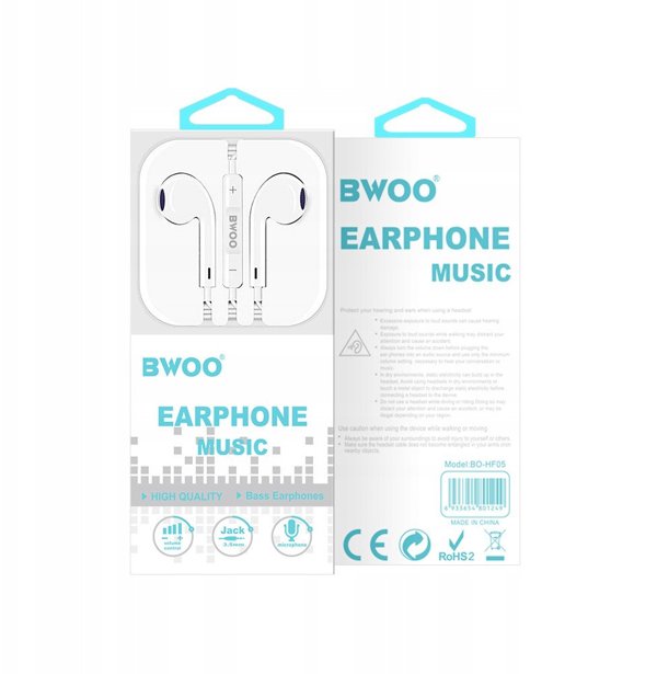BWOO wired earphones 3.5mm stereo white 6933654801249
