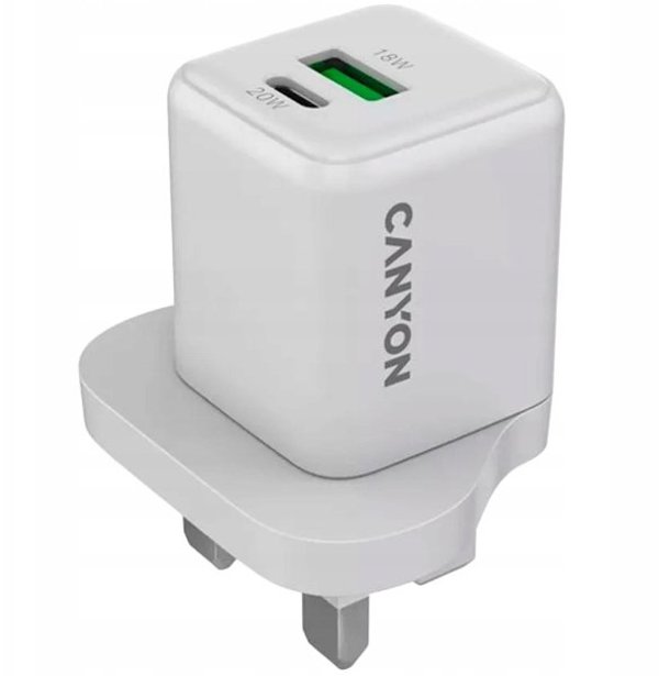 Φορτιστής δικτύου CANYON CU20AC GaN 20W 1xPD 1xQC UK λευκός