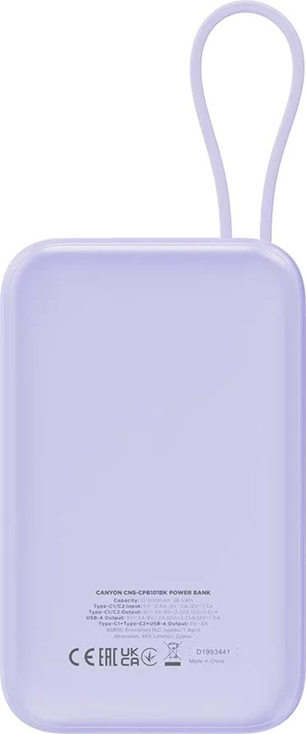 CANYON power bank OnPower 101 z kablem 10000 mAh PD22.5W Fioletowy