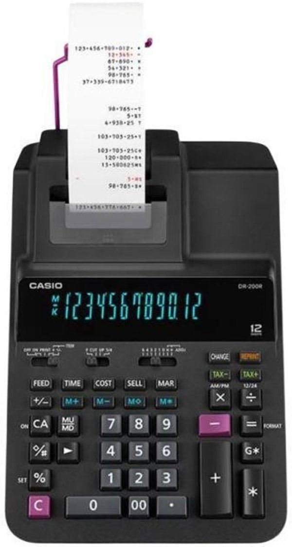 Casio DR-200R Black - 2 farvet print, reprint funktion, tax, 4,4 lin/sek - ikke batteri/kun ledning.