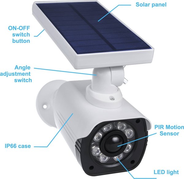 CE Ηλιακή Ψεύτικη Κάμερα Ασφαλείας SOL1800S με LED που Αναβοσβήνει, Αισθητήρα Κίνησης & Αυτοκόλλητο Προστασίας