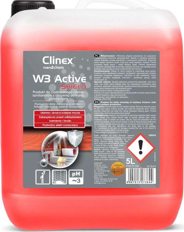 Clinex W3 Active Shield Καθαριστικό Μπάνιου & Τουαλέτας, Αφαίρεση Αλάτων & Σκουριάς, 5L