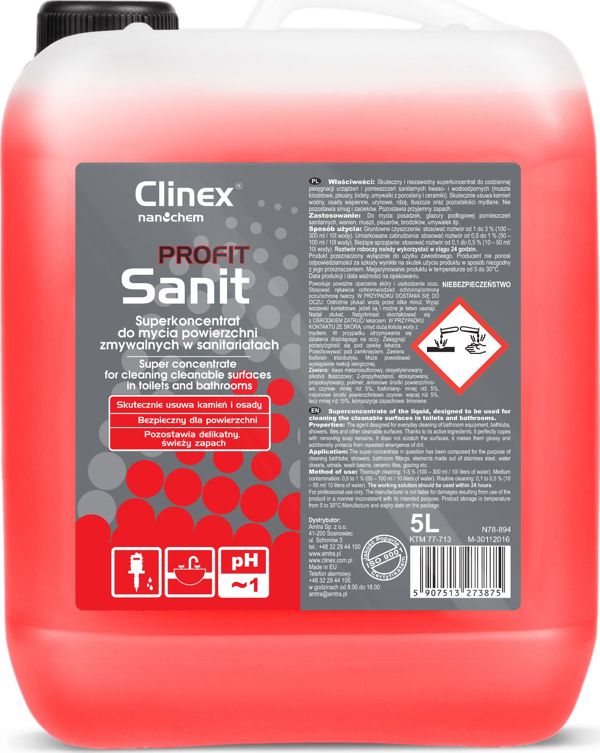 Clinex Profit Sanit Ισχυρό Καθαριστικό Συμπύκνωμα για Είδη Υγιεινής, Πλακίδια & Μπανιέρες, 5L
