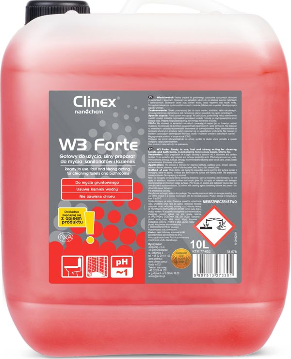 Clinex W3 Forte Καθαριστικό Τουαλέτας & Επιφανειών, Υγρό για Λεκάνες & Ουρητήρια, Εξουδετέρωση Οσμών, 10L