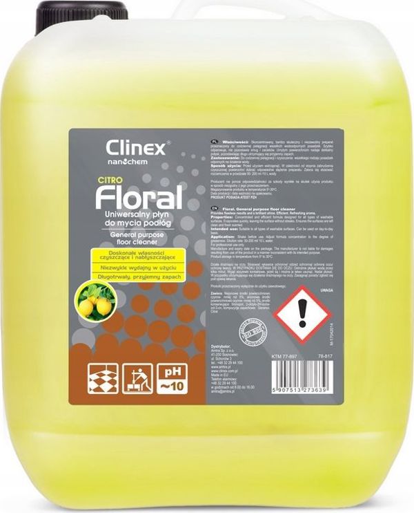 Clinex Floral Citro Υγρό Καθαρισμού Δαπέδων, 10L - Επαγγελματικό Καθαριστικό για Λαμπερά Δάπεδα χωρίς Ραβδώσεις