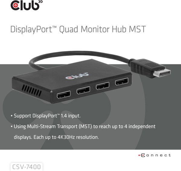 HUB USB Club 3D hub MST (Multi Stream Transport) DisplayPort 1.4 na 4x DisplayPort, Quad monitor, 4x 4K30Hz, 8K30Hz