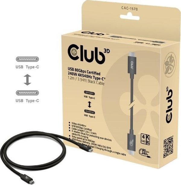 Καλώδιο Club 3D USB4 v2 Type-C, 80Gbps, Πιστοποιημένο, 16K60Hz/4K540Hz, PD 240W, 1m
