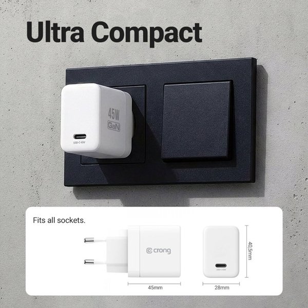 Crong Ultra Compact GaN Φορτιστής USB-C 45W PD 3.0 με PPS (Λευκό)