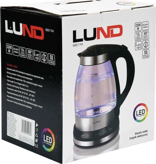 Ηλεκτρικός Βραστήρας Yato T68174 1.8L, Γυάλινος με Ρύθμιση Θερμοκρασίας και LED, 2200W, Ασημί