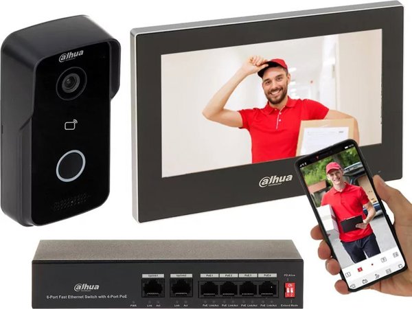Dahua Technology KTP03 Σετ Θυροτηλεόρασης IP με Οθόνη 7" VTH2621G-P, Σταθμό Πόρτας VTO2111D-P-S2 και PoE Switch