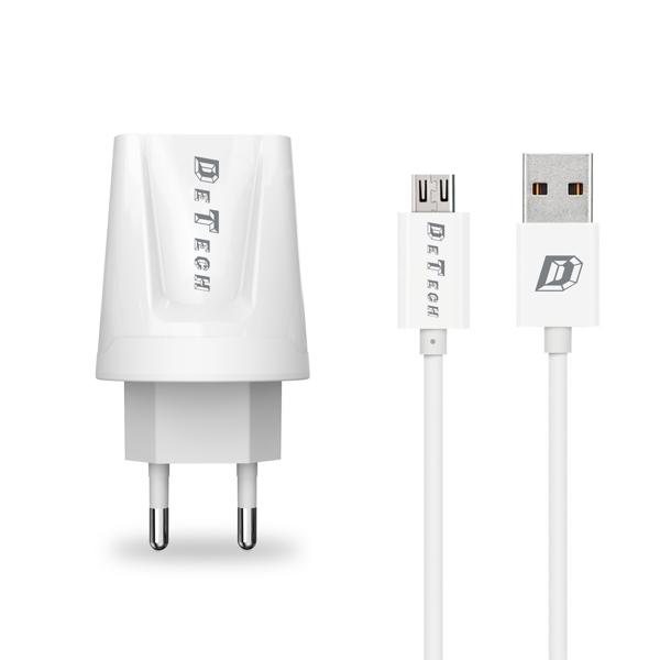 Φορτιστής δικτύου, DeTech, DE-01M, 5V/2.1A, 220V, Universal, 2 x USB, καλώδιο Micro USB, 1.0m, λευκό - 14119