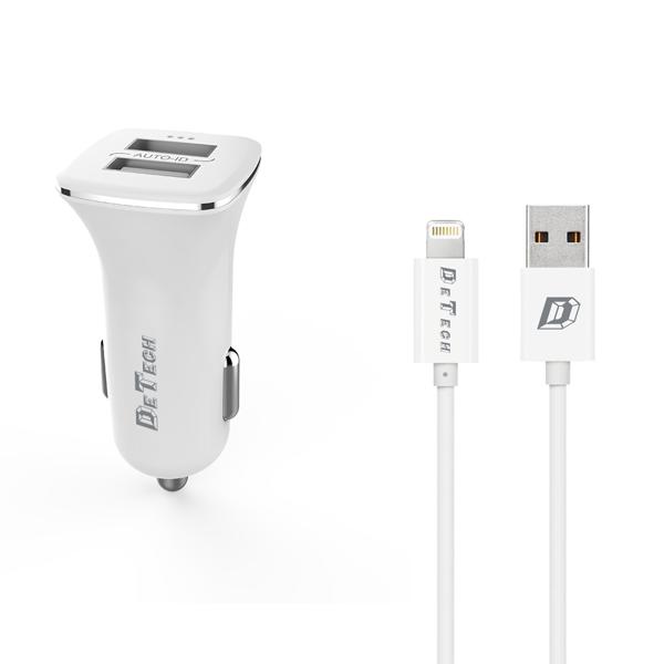 Φορτιστής αυτοκινήτου DeTech, DE-C01i, 5V/2.4A, 12/24V, Με Lightning καλώδιο, 2 x USB, Λευκο - 14123
